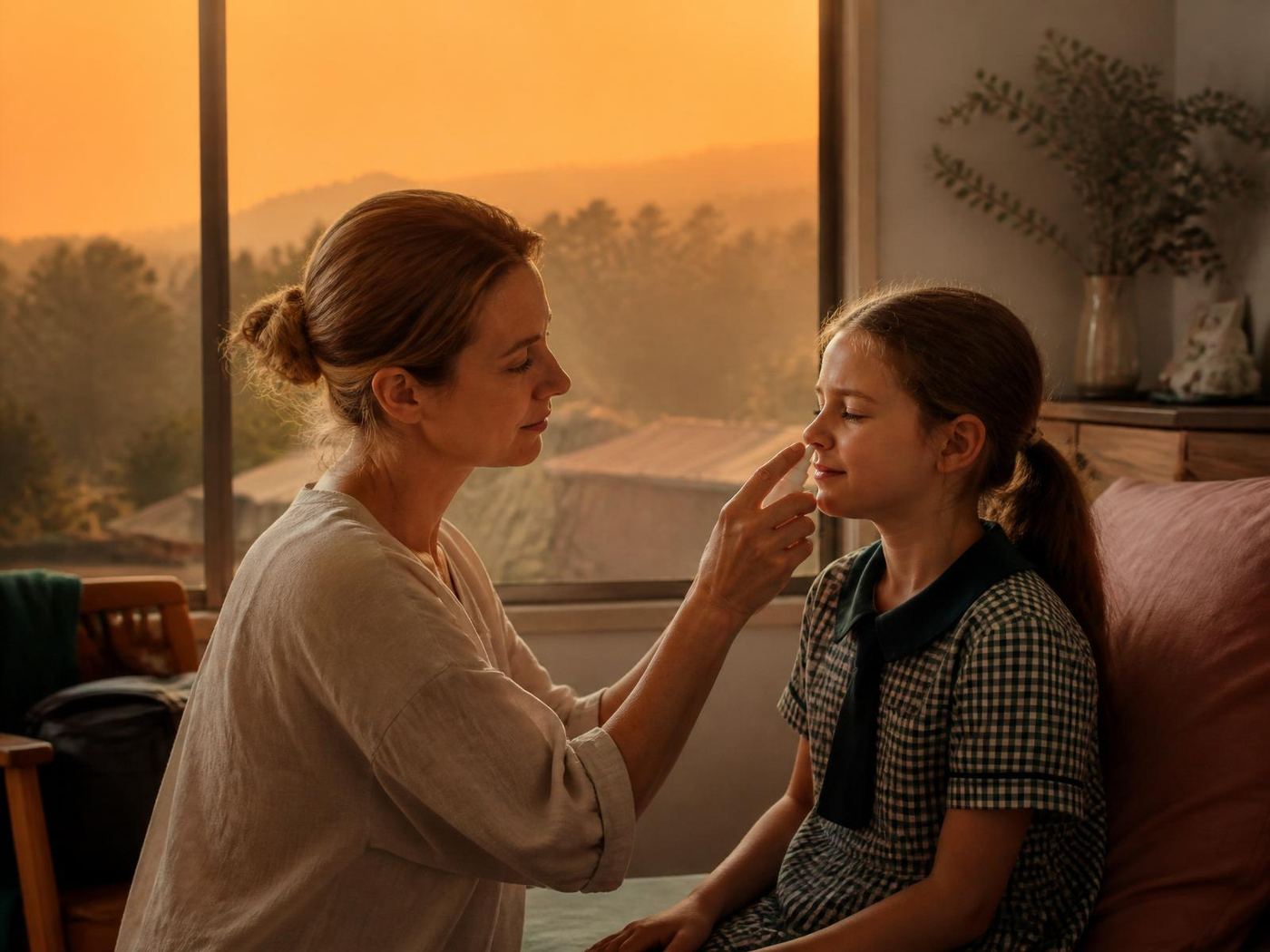 Mother gently applies Respi-VIVA to her daughter before school on a smoky morning.
