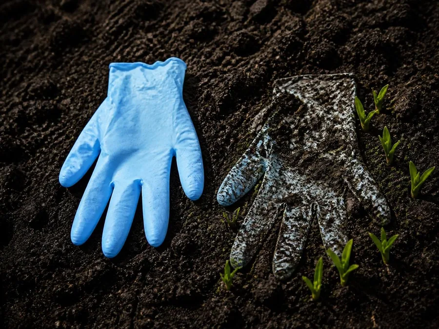 Composting comparison — RevoGlov glove breaking down beside an intact conventional glove.